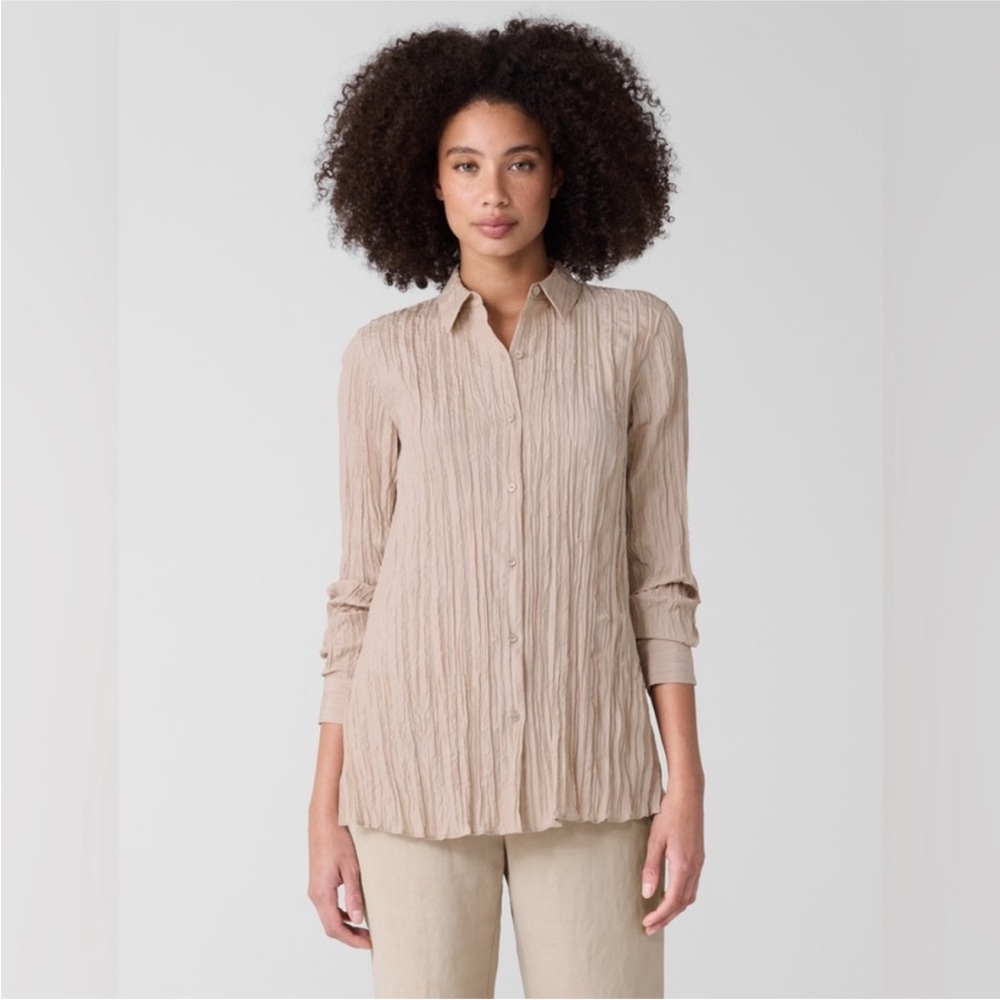 NWT Eileen Fisher Crinkle Silk Habutai Classic Collar Shirt
